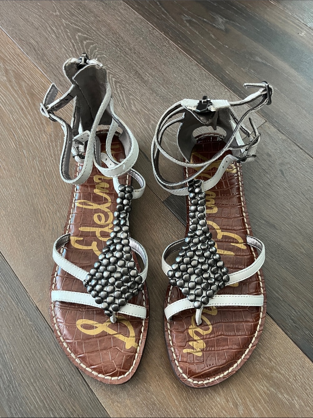 Sam Edelman White Leather T-Strap Sandals with Gunmetal Beading